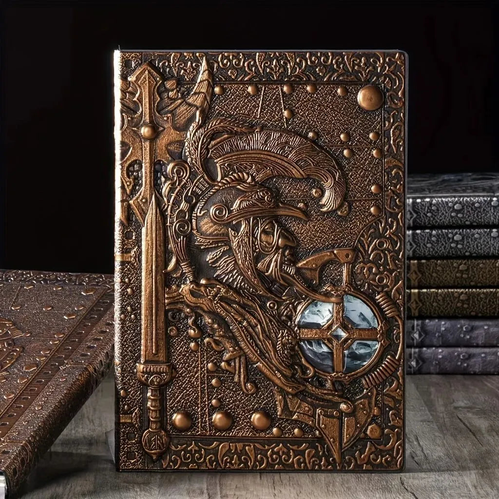 A5 leather notebook with an embossed 3D warriors relief design on the cover, shown open on paper pages.