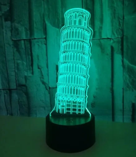 Leaning Tower of Pisa 3D acrylic night light with multi-colour LED glow on a black ABS base.