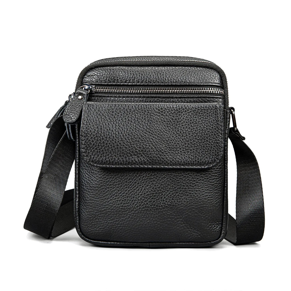 Men's first layer cowhide genuine leather crossbody bag in black, 16.5x7x21cm, solid colour street trend style