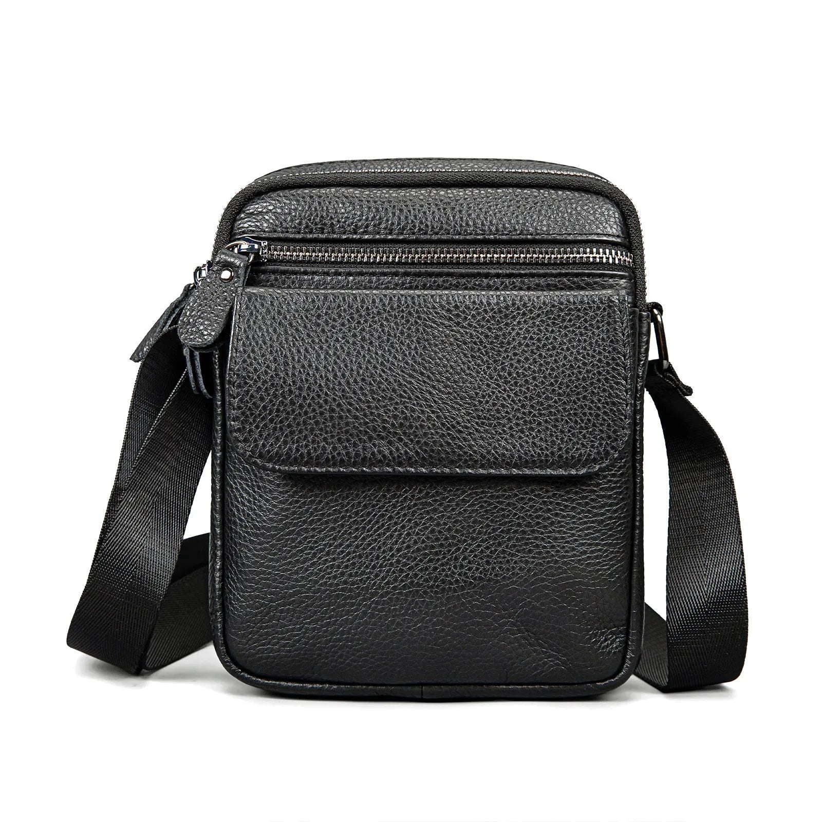 Men's first layer cowhide genuine leather crossbody bag in black, 16.5x7x21cm, solid colour street trend style
