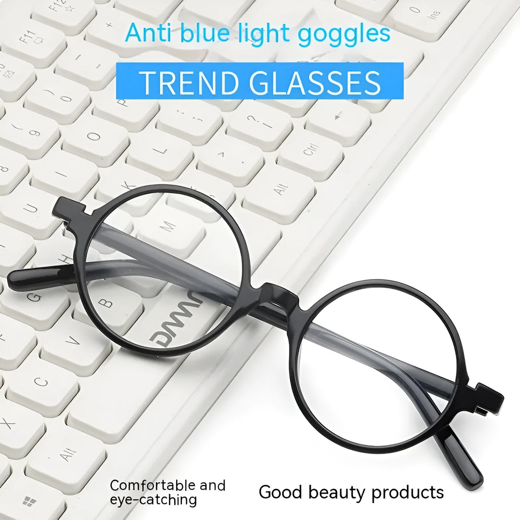 Retro round flat mirror glasses in bright black, sand black, tofu pudding, and transparent grey frame colours.