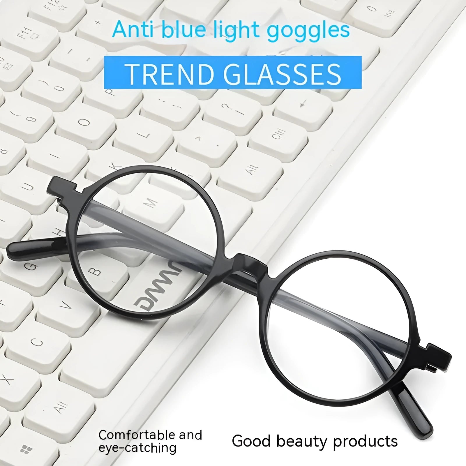 Retro round flat mirror glasses in bright black, sand black, tofu pudding, and transparent grey frame colours.