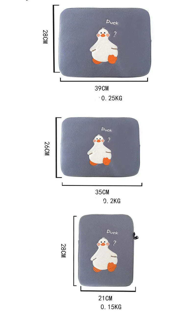 Blue cotton tablet case with embroidered cartoon duck design and zip closure