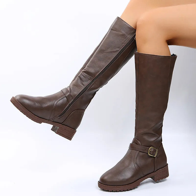 Women's solid-colour knight-style high boots with a square heel, round toe, and belt buckle detail.