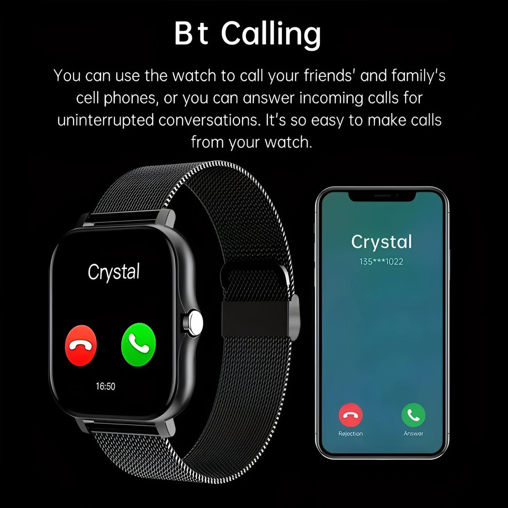 Black smart watch with 1.44-inch screen and silicone strap showing fitness tracking display