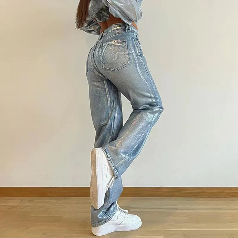 Blue high waist straight leg jeans with contrast details on mannequin