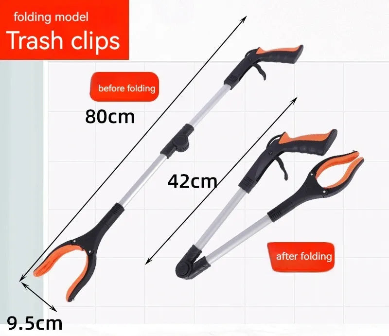 Foldable aluminium litter picker tool with magnet sucker, shown extended and with a blue handle.