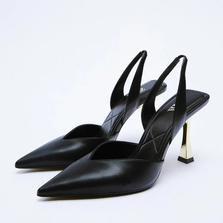 Apricot nude patent leather pointed high heels with shallow mouth design from front view
