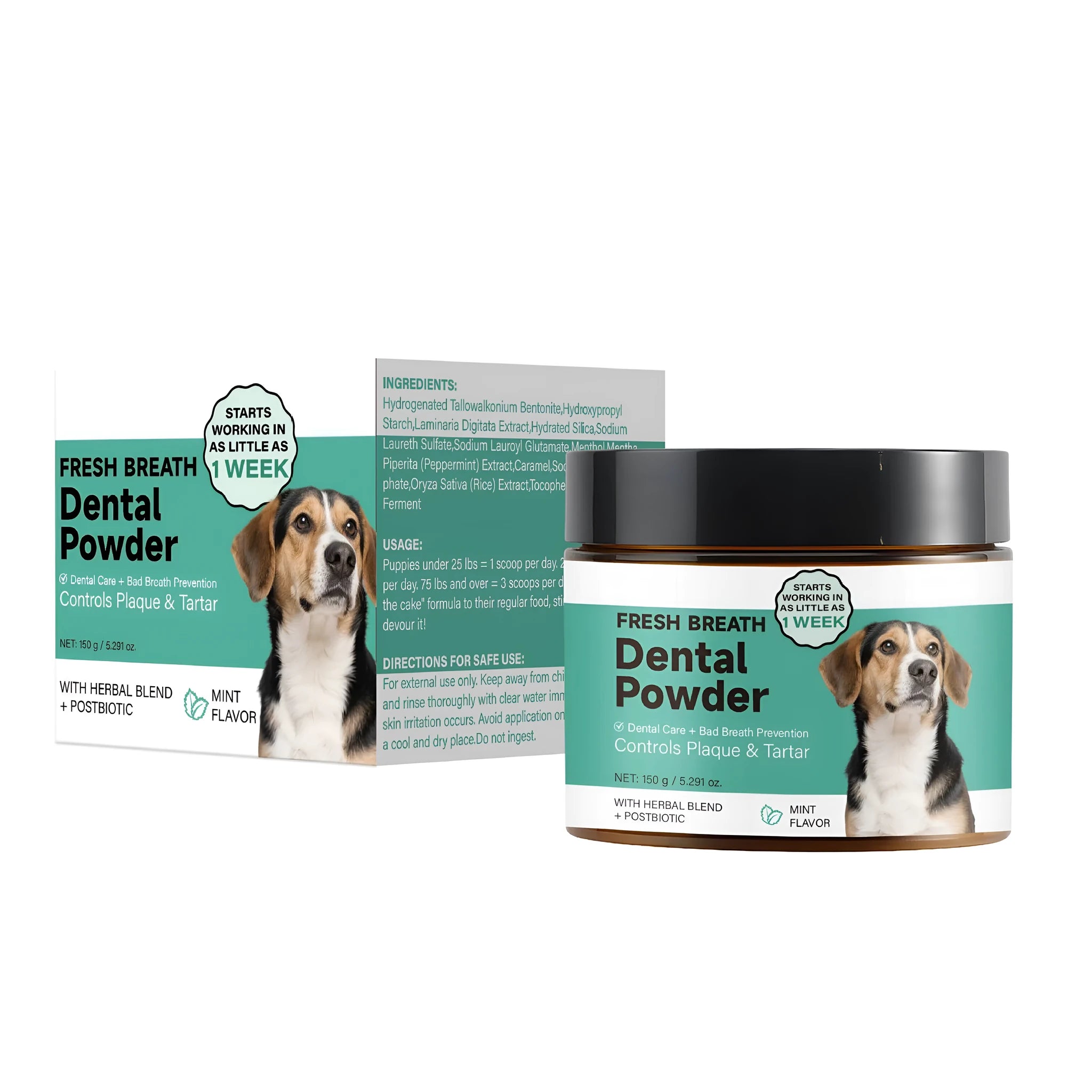 150g container of mint-flavoured dog tooth cleaning powder for dental hygiene