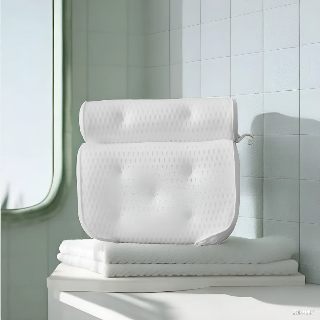 White bathtub pillow with 4D mesh fabric and multiple suction cups on a tub.