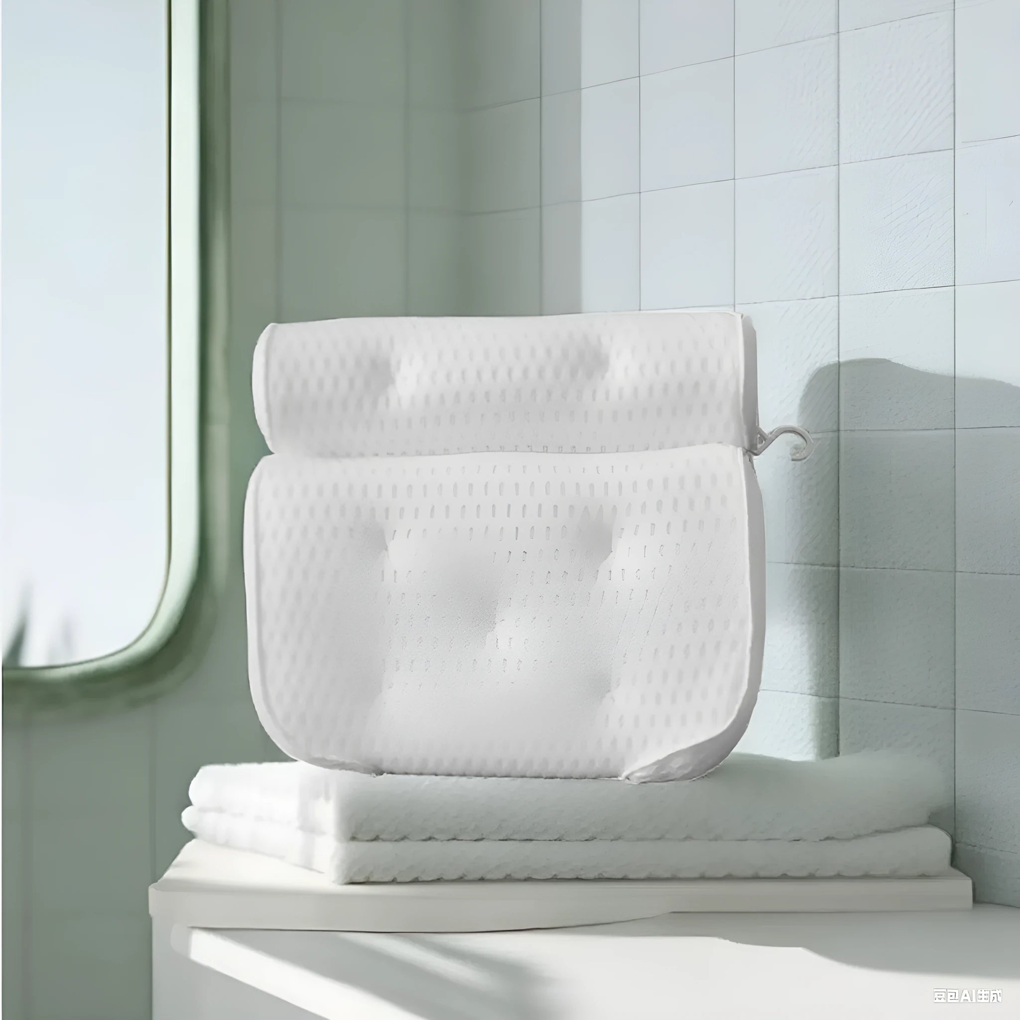 White bathtub pillow with 4D mesh fabric and multiple suction cups on a tub.
