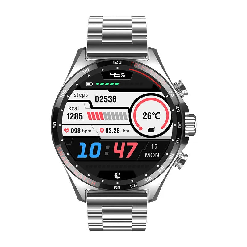 Smart watch with health monitoring display showing heart rate and activity data in black, silver, or gold colour options