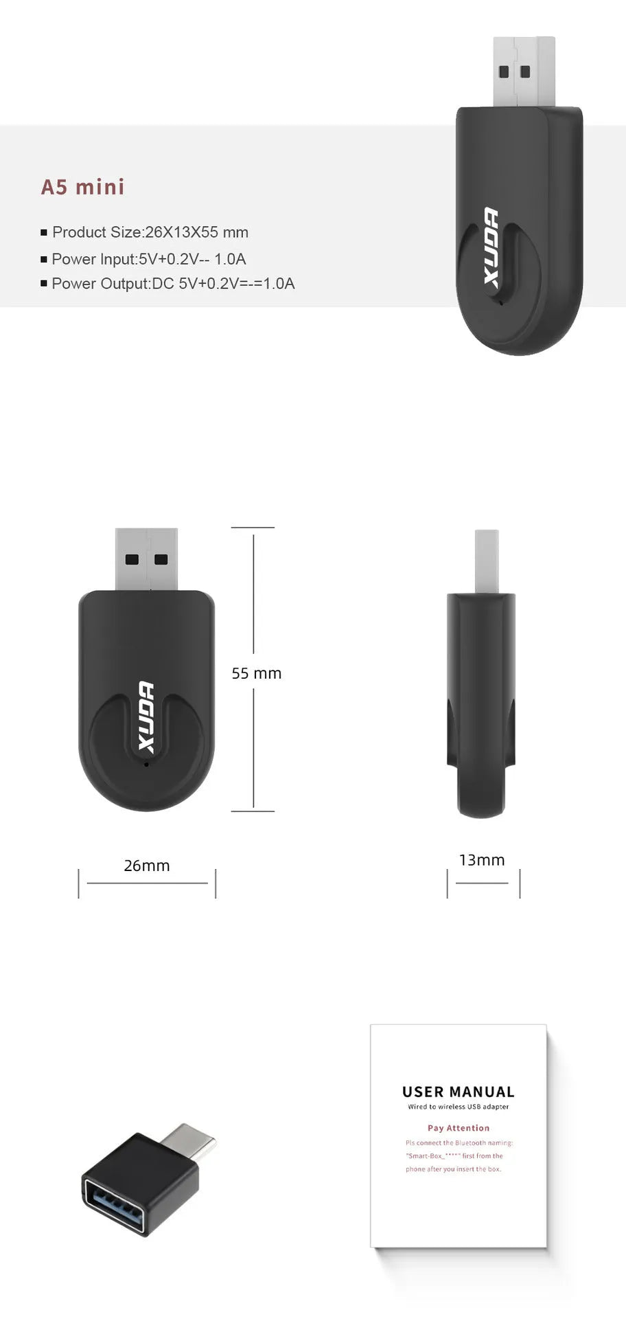 Black Mini CarPlay USB wireless data adapter with 26x55x13mm compact dimensions