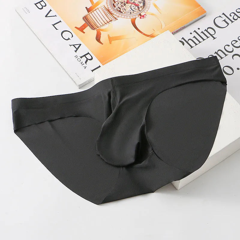 Men's black ice silk seamless briefs with a mid-rise waist and an integrated support pouch.