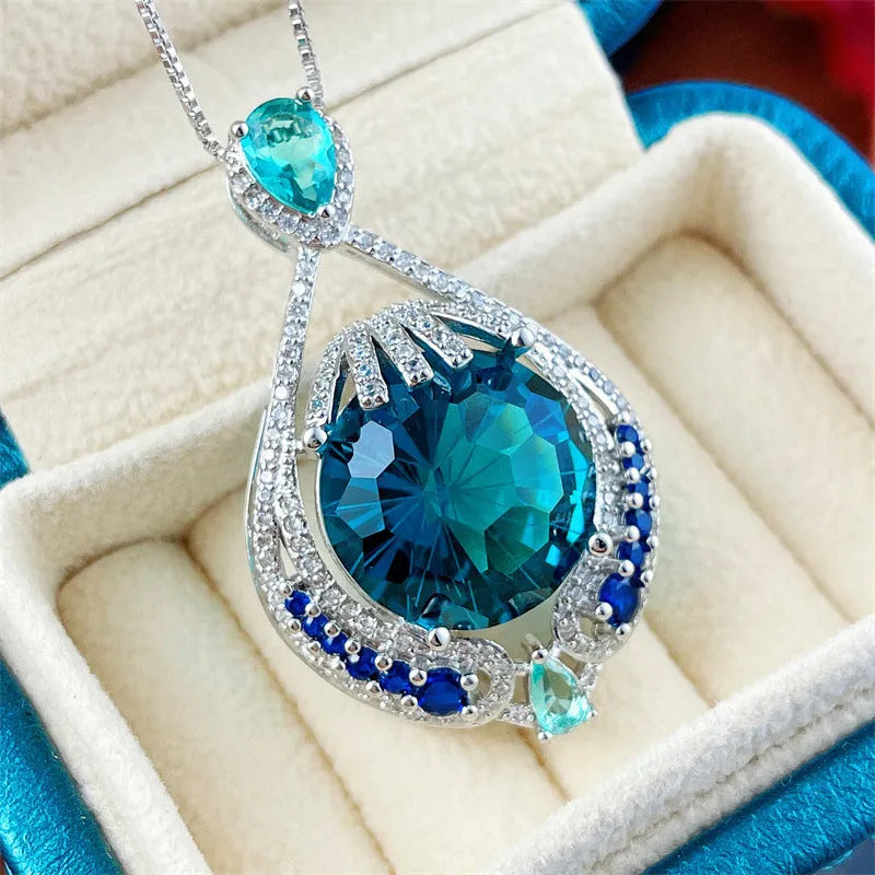 Blue geometric gem pendant necklace with water wave chain for women