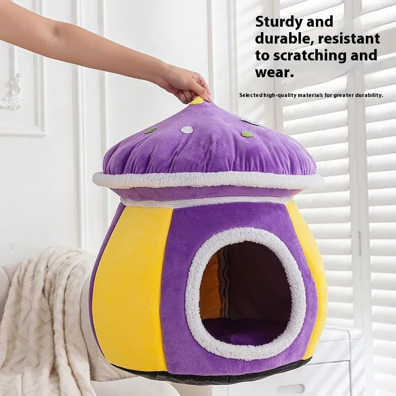 Mushroom cat nest in thermal rabbit plush with detachable cover in grey, pink or purple colours