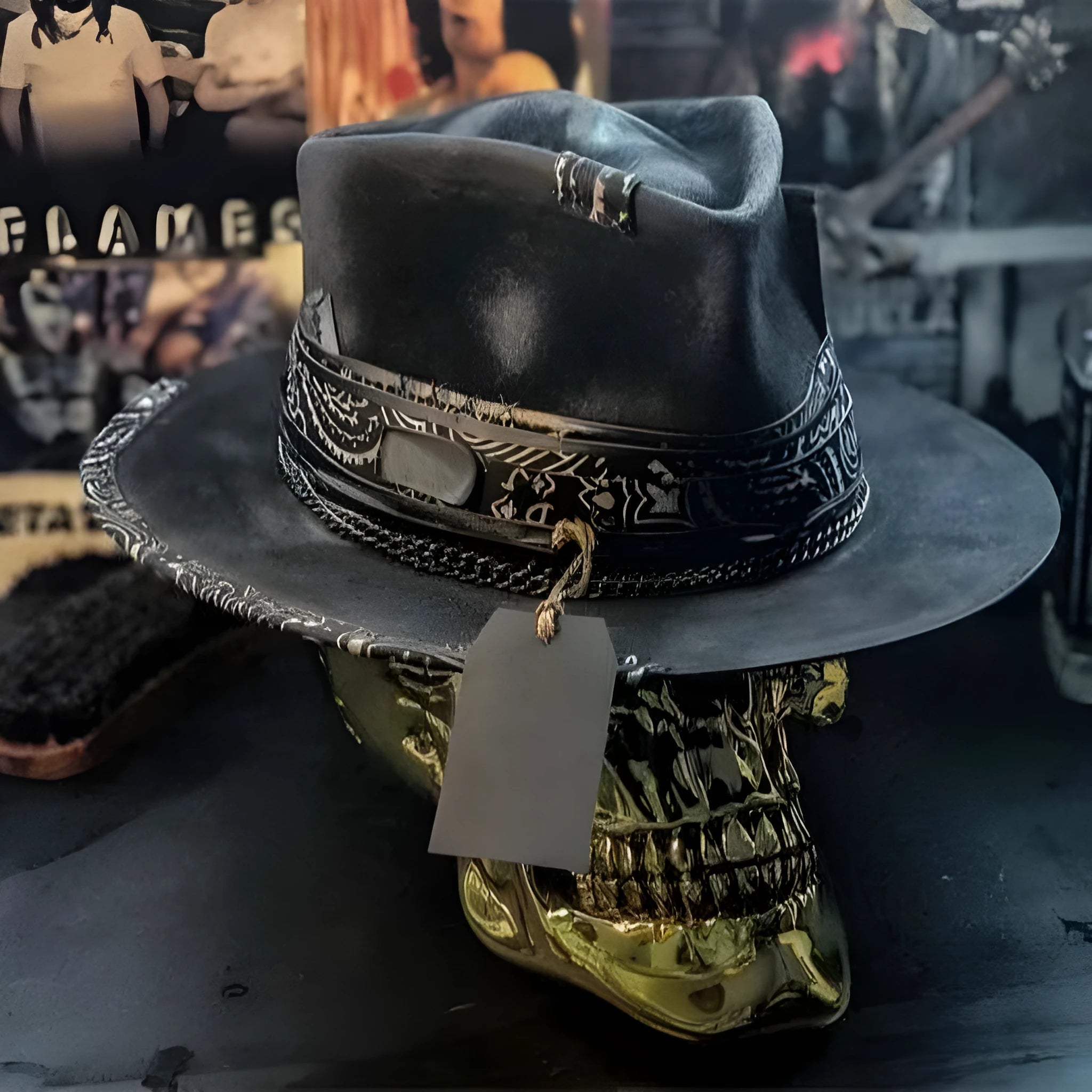 Handmade wool skull hat with conical crown and black and white embroidery for Halloween costumes.
