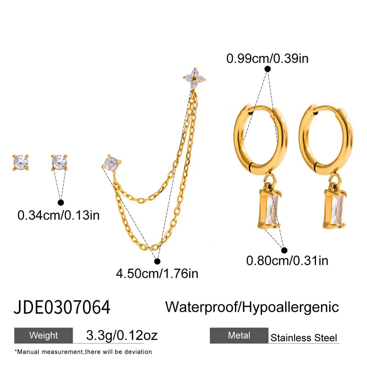 Geometric stainless steel earrings set of 5 with electroplated finish, light luxury style for women