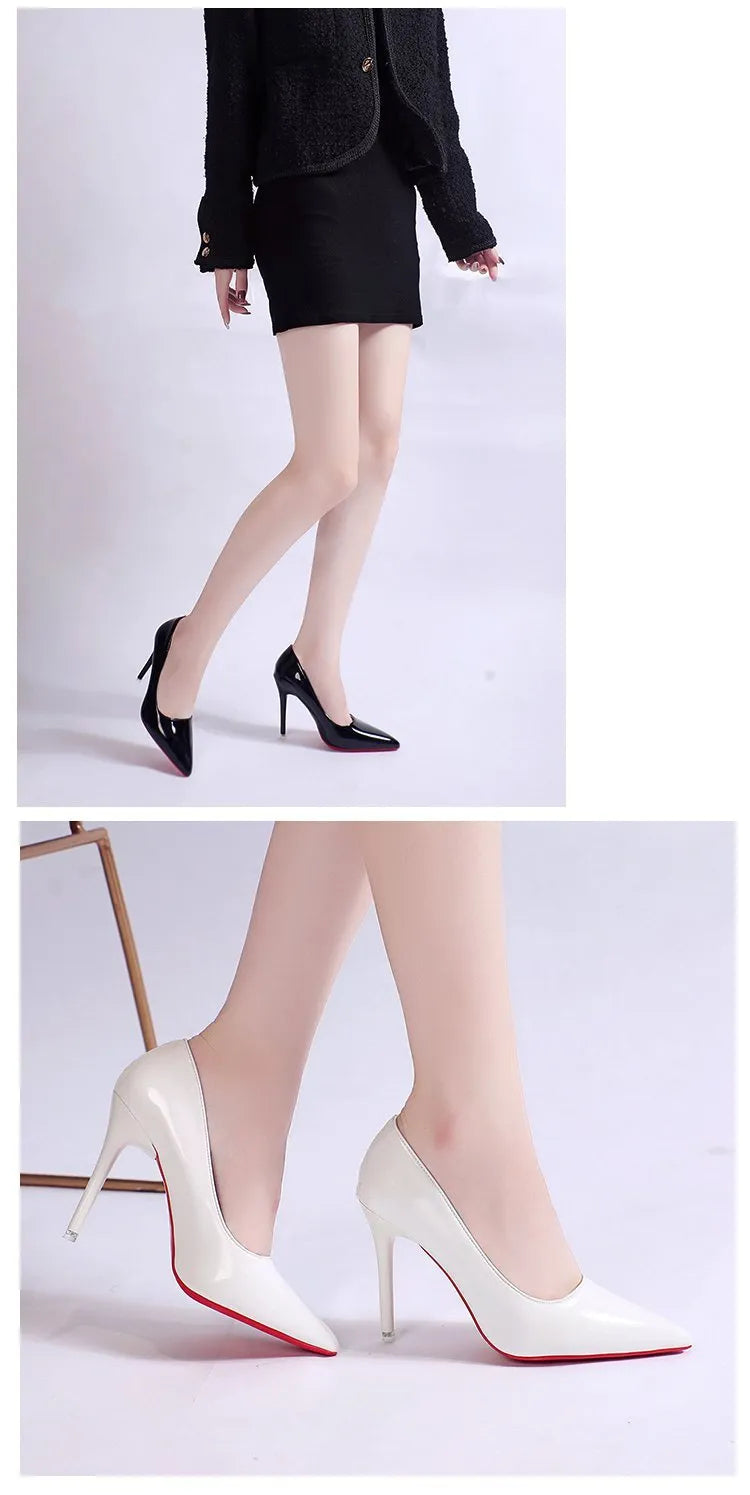 Women's black stiletto heel pumps with pointed toe and shallow mouth design on white background