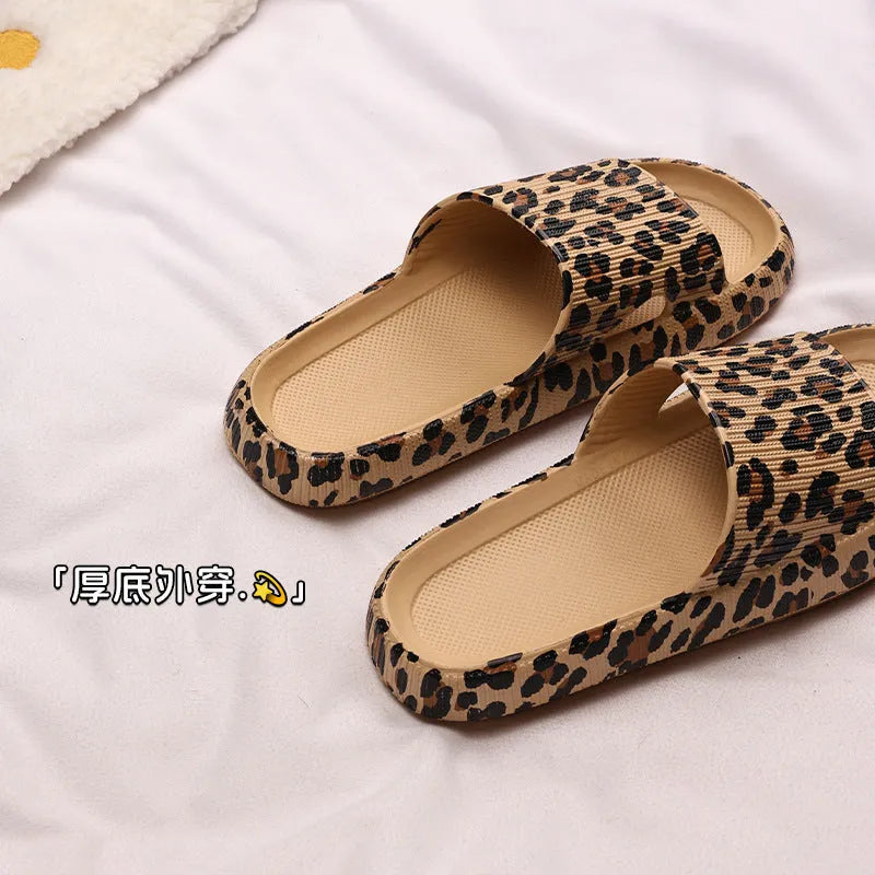 Women's leopard print slippers with thick EVA sole in Korean style sandal design