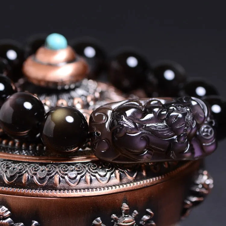 Natural obsidian crystal Pi Xiu bracelet with geometric beads in ice stone colours