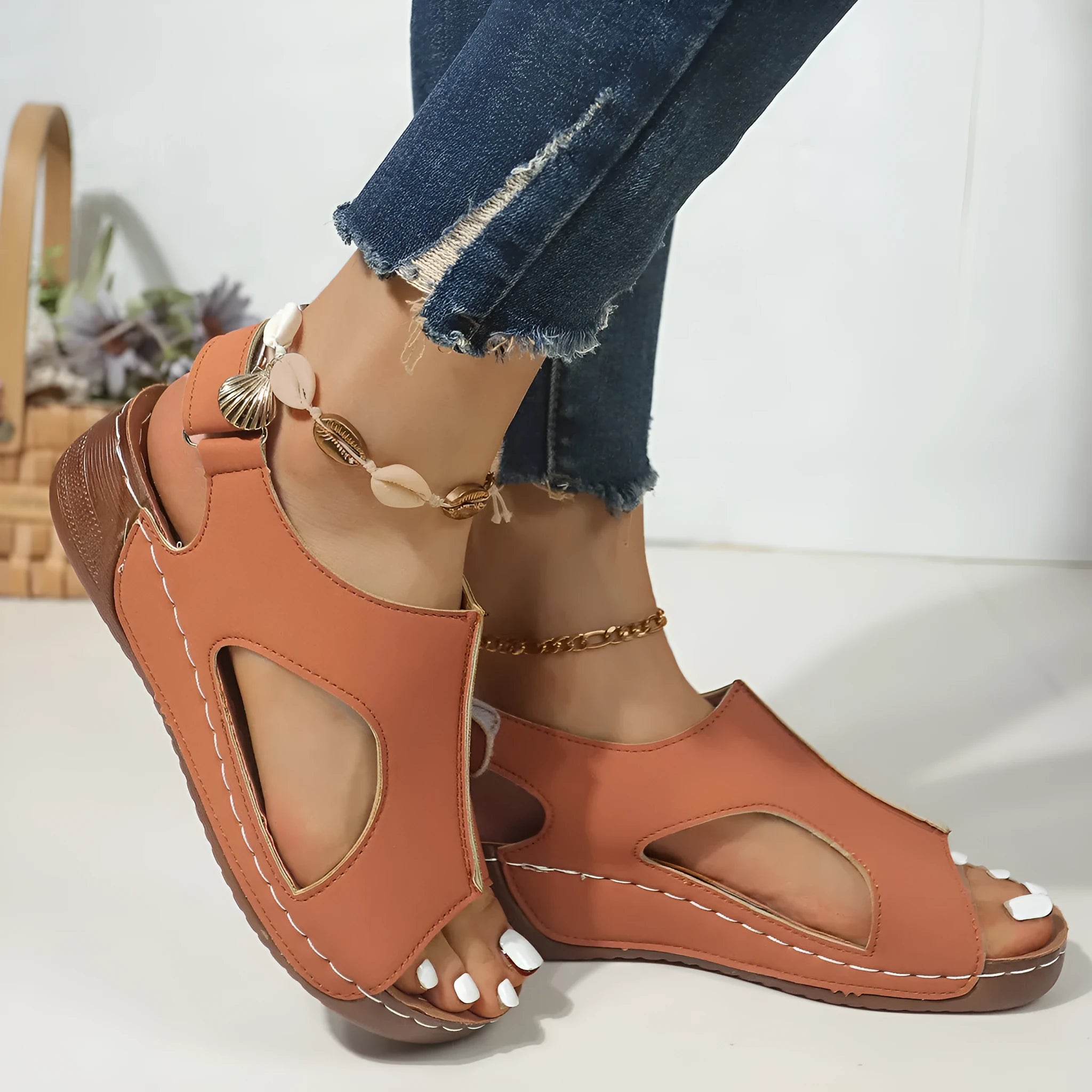 Women's plus size wedge sandals with Velcro strap, round toe, PU upper, in light brown colour