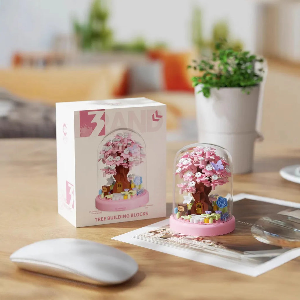 Micro particle ABS building block cherry blossom tree house puzzle set in colour box