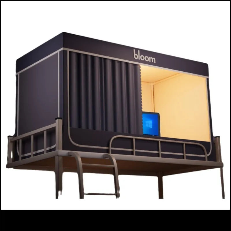 Grey polyester bed curtains with integrated mosquito net for a 0.9m single bed, shown with three-door wall bracket.