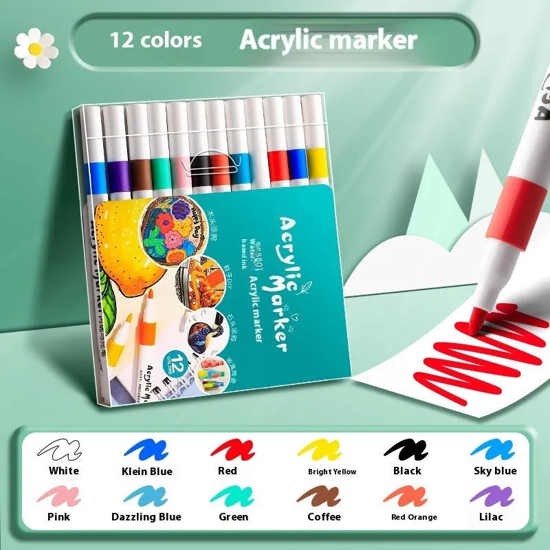 Box of acrylic marker pens for student painting with true colour pigments in multicolour assortment