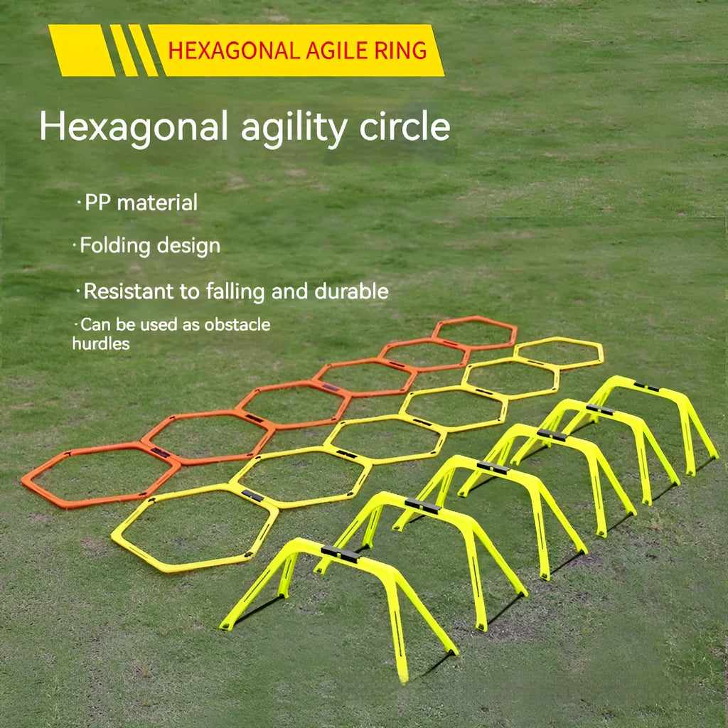 Set of six foldable yellow, green, and orange hexagon football agility training rings on grass