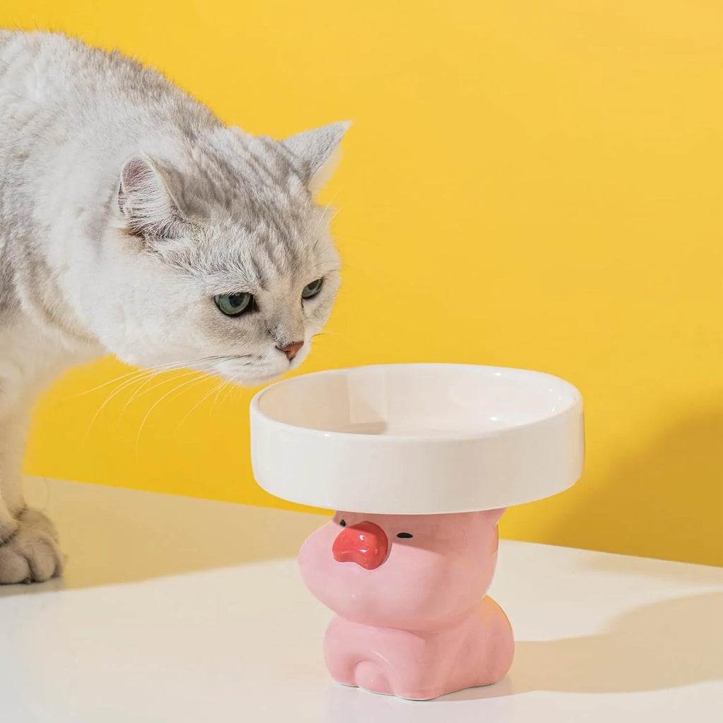 Ceramic raised pet bowl with animal design for cats and small dogs