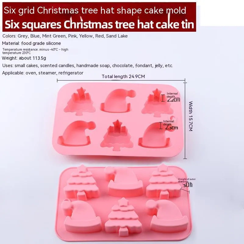 Christmas silicone 6-grid baking mold with festive shape cavities in pink colour option