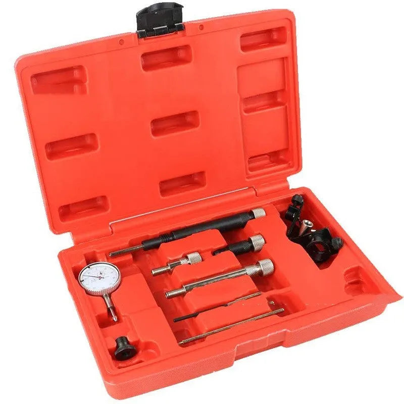 General fuel timing installation tool set VT01818 with ten carbon steel pieces arranged on a workbench