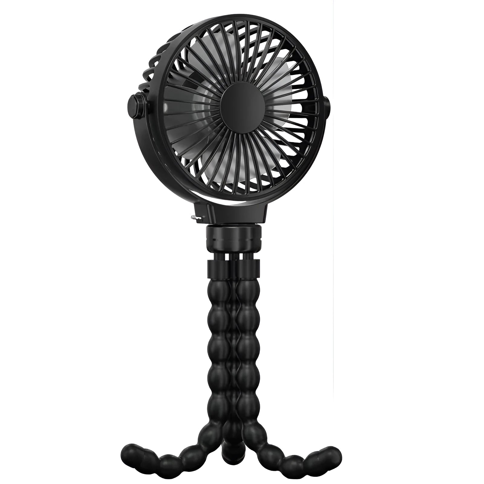 Black 2000mAh flexible tripod clip on fan with 3 speeds and USB charging on a white background
