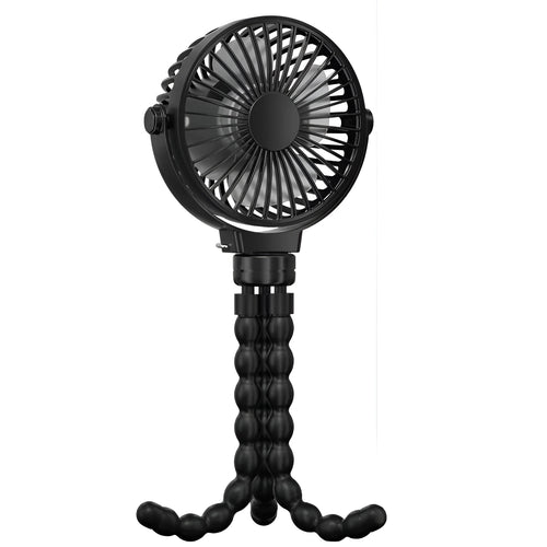 Black 2000mAh flexible tripod clip on fan with 3 speeds and USB charging on a white background
