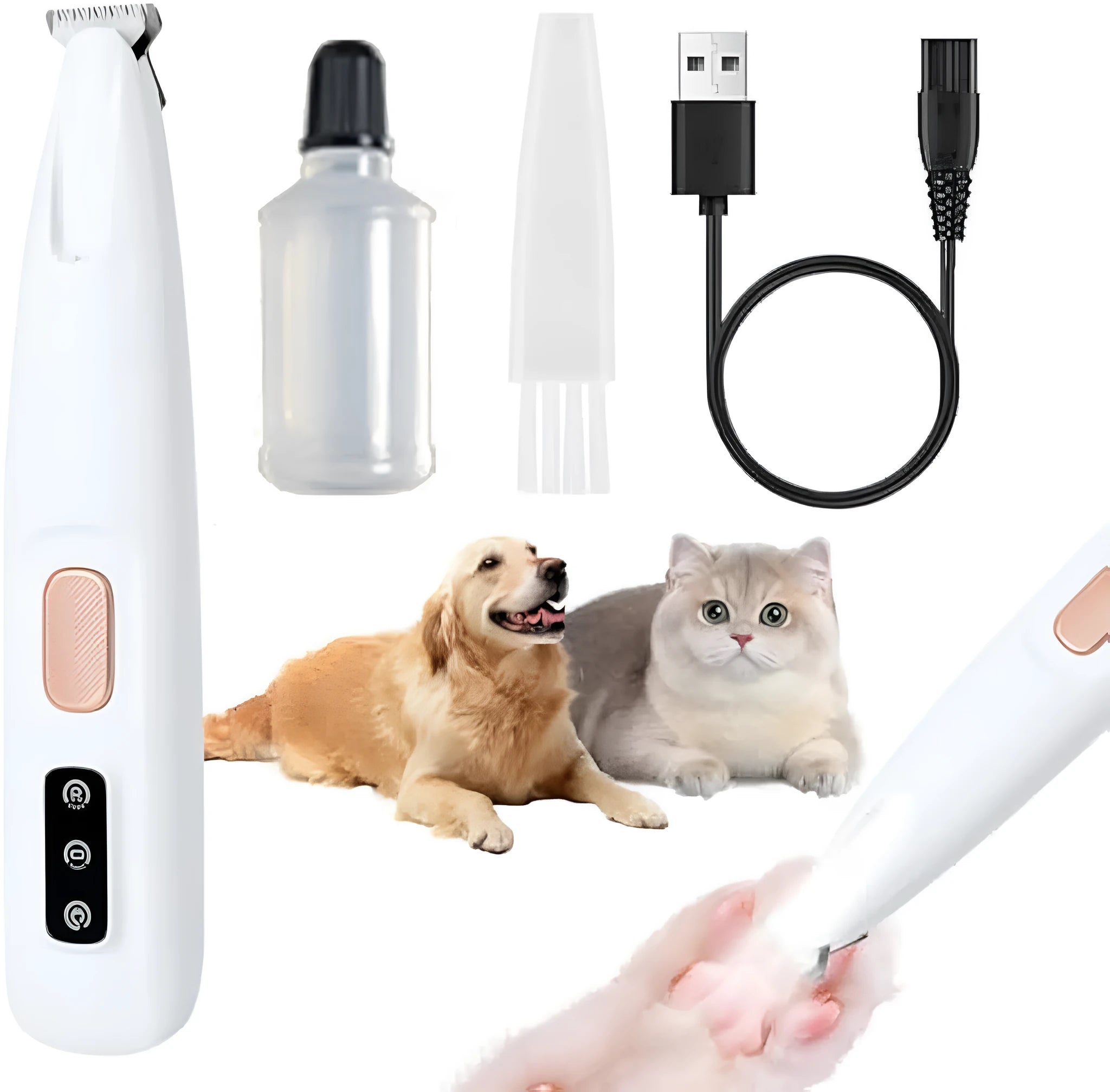 White rechargeable electric dog paw trimmer with LED light showing grooming blade and compact design