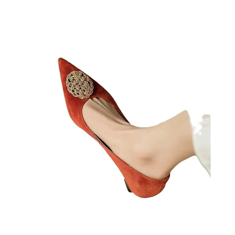 Women's stiletto pointed-toe shoes French style black suede wear-resistant rubber sole shallow mouth