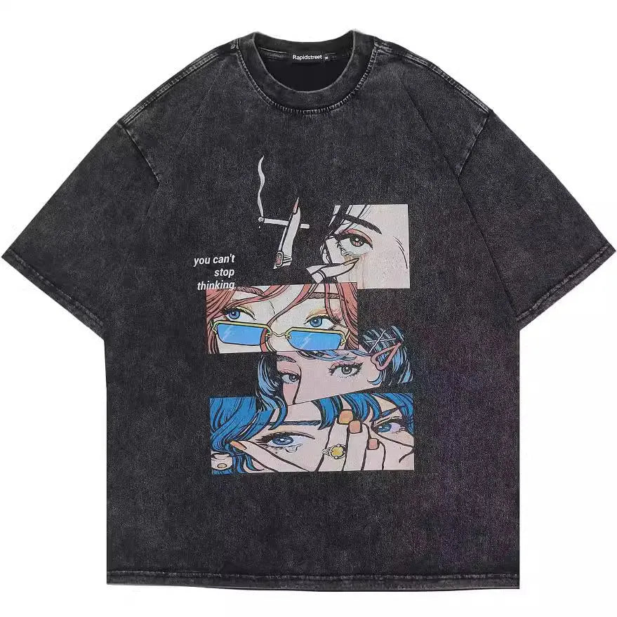 Men's loose black cotton t-shirt with cartoon print design in retro streetwear style