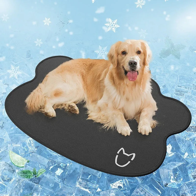 Ice silk dog cooling mat with dog head pattern in light grey on a wooden floor