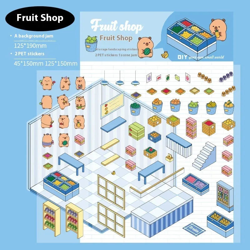 Capabala cut-free cartoon PET decorative sticker sheet in eight colour themes on a 190x125mm sheet.
