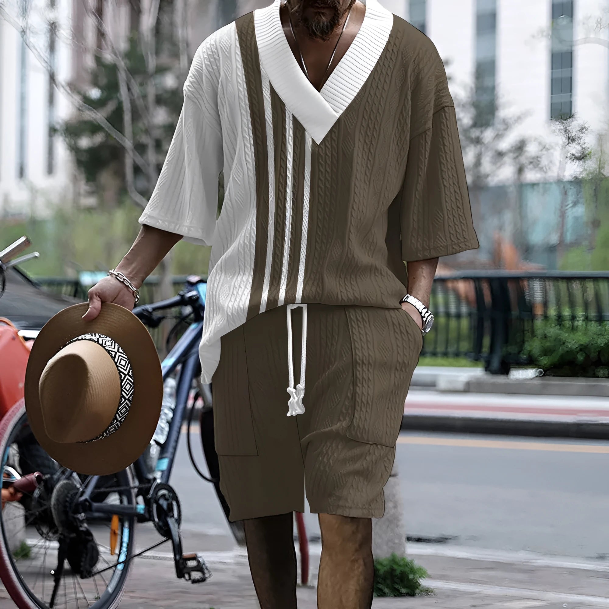 Men's knitted shorts suit with drop-shoulder short-sleeved top and matching shorts in printed design