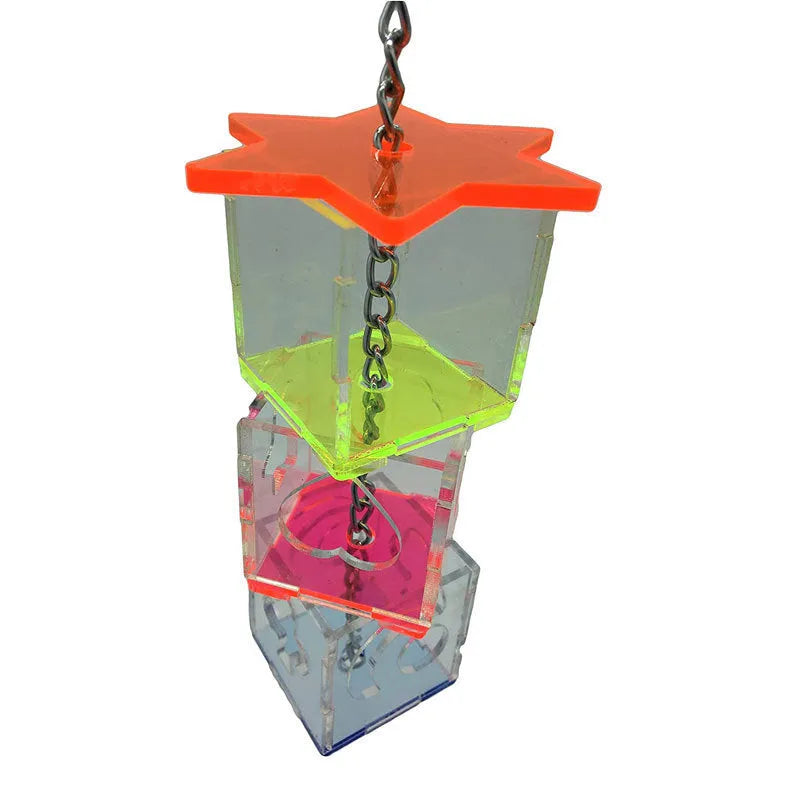 Clear acrylic bird foraging toy measuring 5x5x32cm with food compartments for parrot enrichment