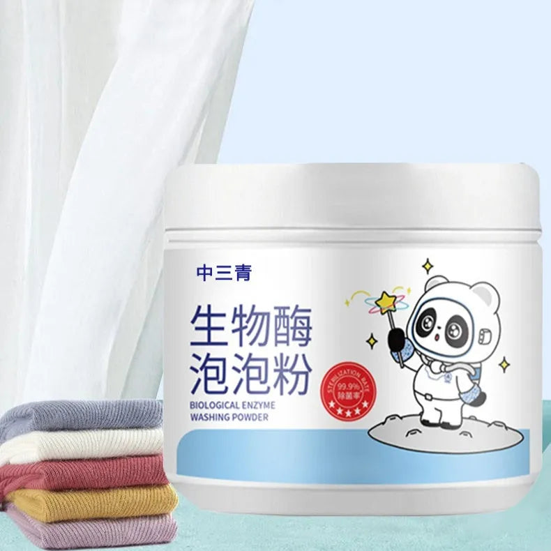 Bottle of biological enzyme bubble powder laundry detergent with active oxygen for stain removal