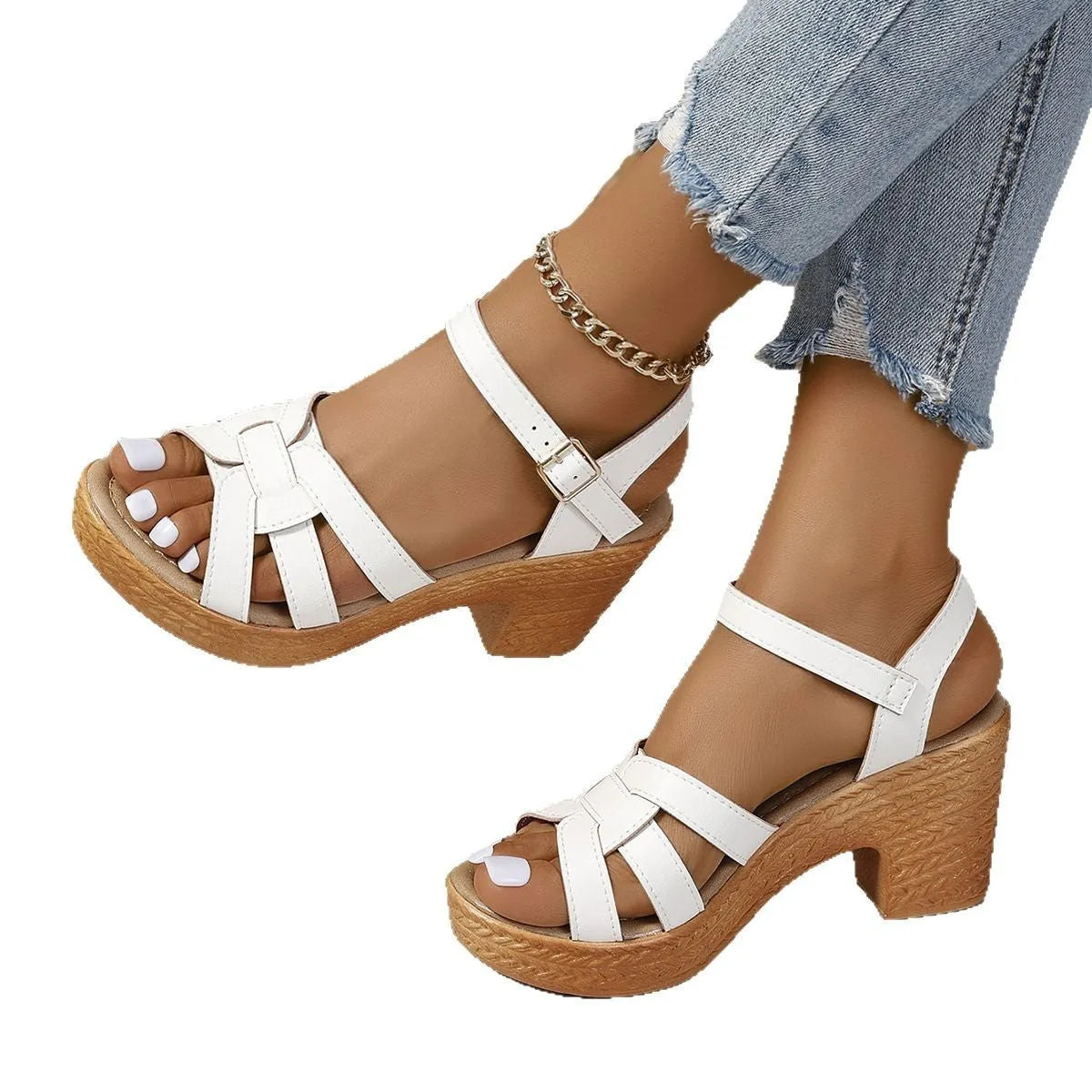 Plus size women's peep toe sandals with chunky heel and adjustable ankle buckle in black