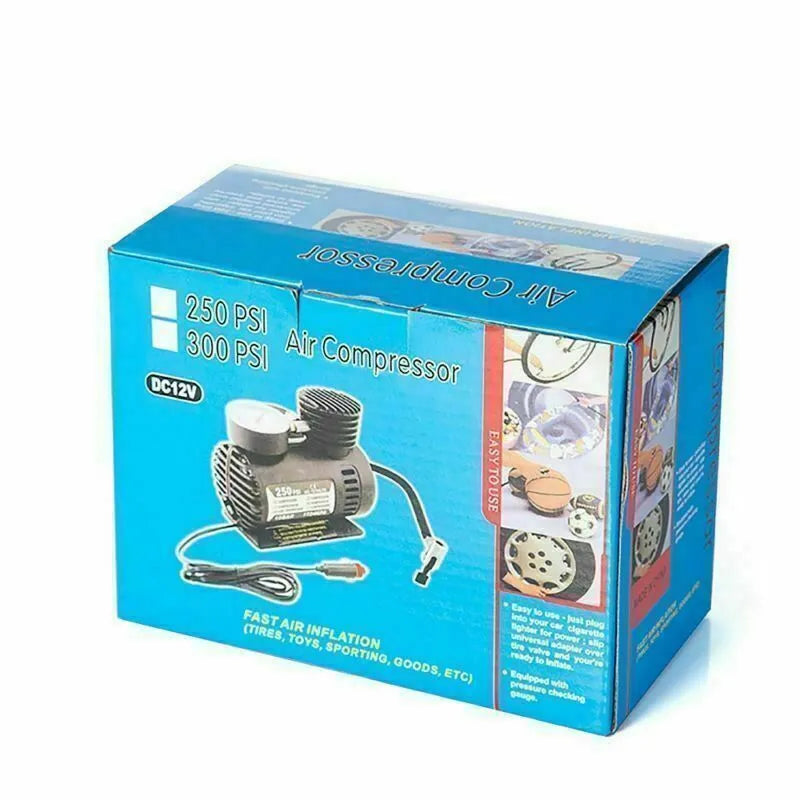Black 12V portable mini air compressor with 300 psi gauge, 9-foot cord, and two adapter nozzles on a neutral background