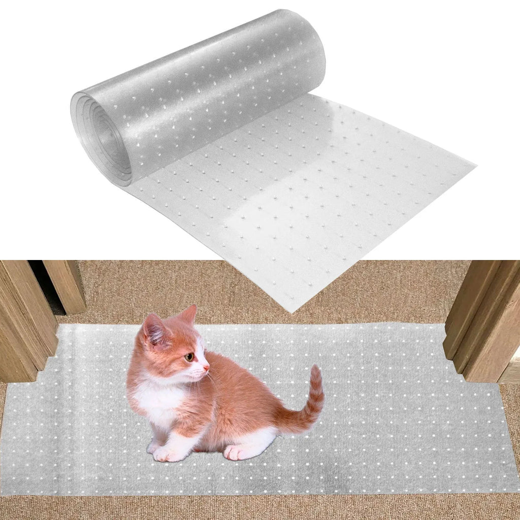 Transparent PVC cat scratch protective pad on a carpet at a door threshold, featuring anti-scratch wear-resistant surface