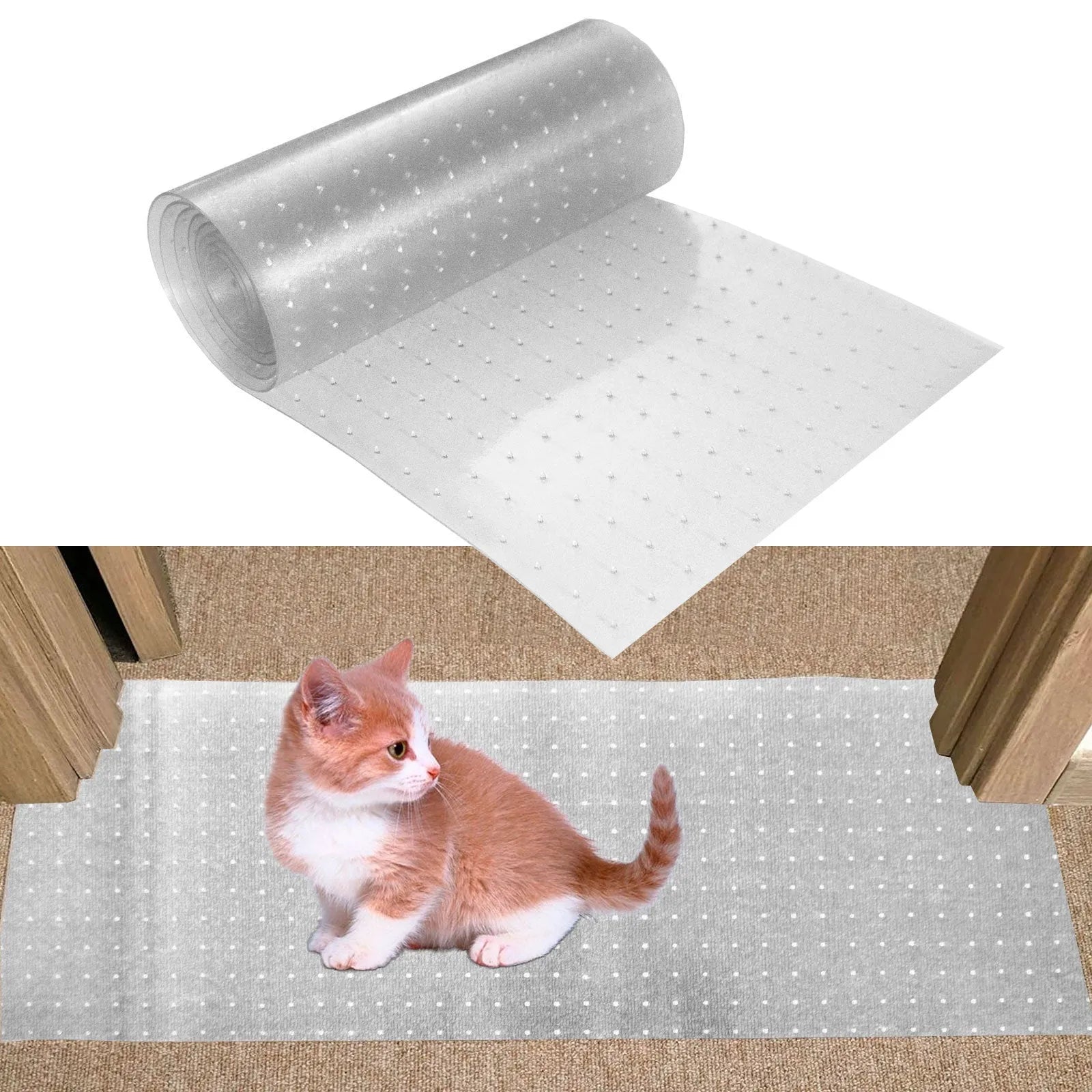Transparent PVC cat scratch protective pad on a carpet at a door threshold, featuring anti-scratch wear-resistant surface