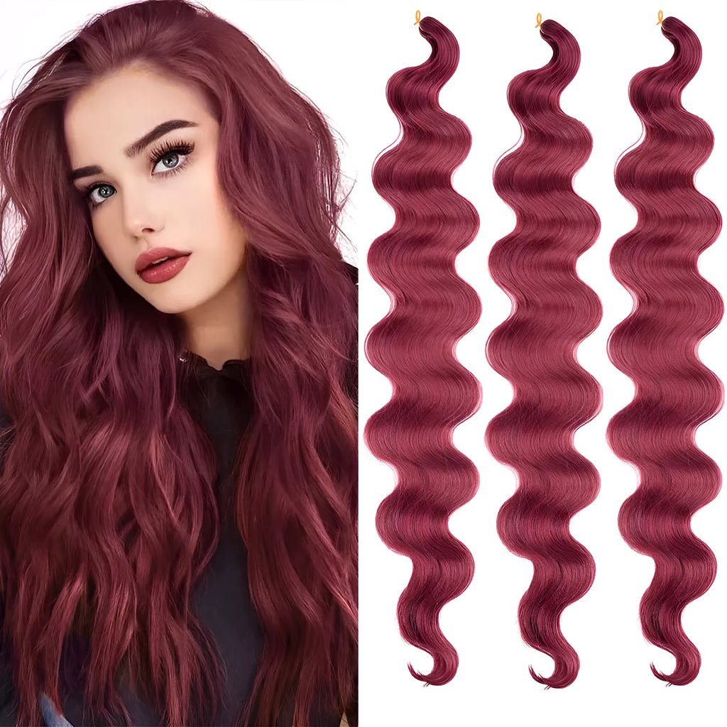 Wine red synthetic wig with big wave styling showing 24-inch length and crochet construction