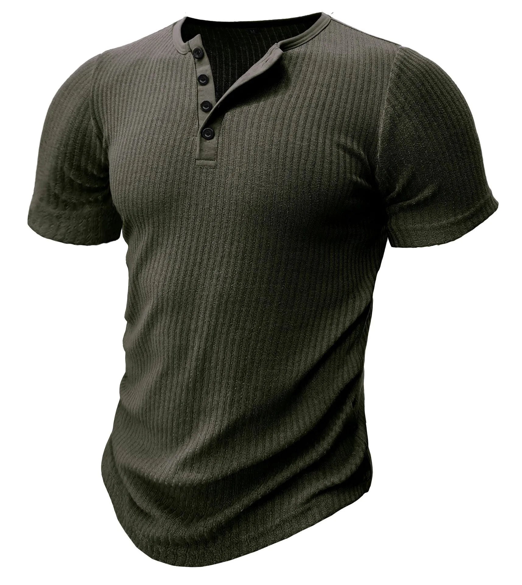 Men's slim-fitting muscle cut sports T-shirt in polyester, shown in solid army green colour.