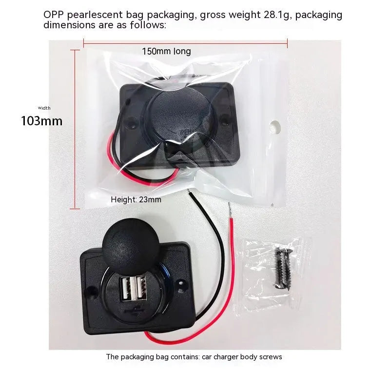 Black dual USB car charger with mounting screws for 12-24V vehicle installation